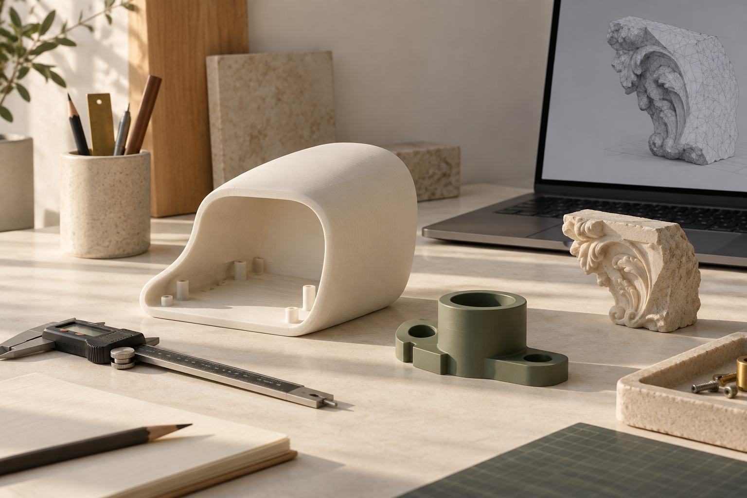 Illustratief stilleven met prototypes, meetgereedschap en een digitaal model